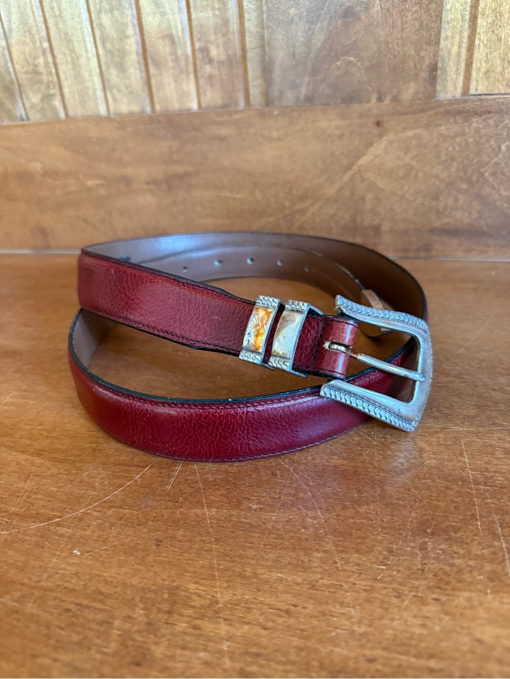 Onyx Burgundy Leather Belt with Silver-Tone Buckle